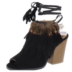 *CLEARANCE!!!* Black Peep Toe Feather Fringe Heel